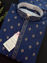 Designer Blue Color Soft Silk Kurta with Lining Kurta Pajama for Men | Copper Zari Floral Weave | Exclusive Collection of Kurtas For Men