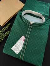 Party Wear Designer Men Kurta Set in Green Color with tiny Sequin and Embossed Self Design in Soft Silk Material | Mens Wedding Ethnic Wear