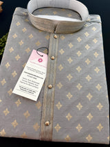 Grey Men Kurta Pajama Set with Embossed design and Buttis in Gold | Mens Ethnic Wear| Party and Wedding Wear Kurta