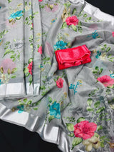 Grey Color Saree with Floral Digital Prints | Butter Soft Cotton Silk Saree | Light Weight Printed Saree