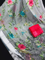 Grey Color Saree with Floral Digital Prints | Butter Soft Cotton Silk Saree | Light Weight Printed Saree