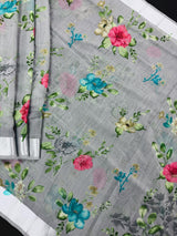 Grey Color Saree with Floral Digital Prints | Butter Soft Cotton Silk Saree | Light Weight Printed Saree