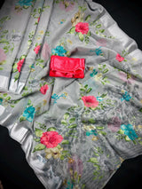 Grey Color Saree with Floral Digital Prints | Butter Soft Cotton Silk Saree | Light Weight Printed Saree