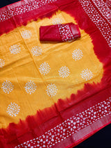 Traditional Hand Block Print Linen Saree in Mustard Yellow and Red Pure Linen Saree | Lightweight and Breathable Saree | Bengal Linen Saree