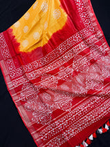 Traditional Hand Block Print Linen Saree in Mustard Yellow and Red Pure Linen Saree | Lightweight and Breathable Saree | Bengal Linen Saree