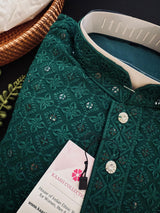 Readymade Bottle Green Sequin Chikhenkari Embroidery Kurta Pajama Set in Gorgette | Wedding Party Sequin Chikhenkari Kurta for Men
