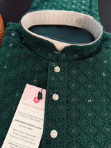 Readymade Bottle Green Sequin Chikhenkari Embroidery Kurta Pajama Set in Gorgette | Wedding Party Sequin Chikhenkari Kurta for Men