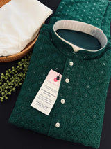 Readymade Bottle Green Sequin Chikhenkari Embroidery Kurta Pajama Set in Gorgette | Wedding Party Sequin Chikhenkari Kurta for Men