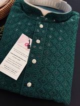 Readymade Bottle Green Sequin Chikhenkari Embroidery Kurta Pajama Set in Gorgette | Wedding Party Sequin Chikhenkari Kurta for Men