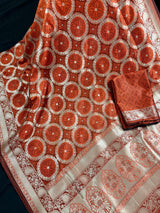 Statement Rust and Burnt Orange Banarasi Silk Saree with Muted Gold Zari | Wedding & Festive Wear | Authentic Handwoven Banarasi Silk Saree