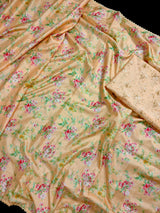 Pale Peach Color Floral Print Saree with Lucknowi Embroidery and Crochet Lace Work – Detail View – Kaash Collection