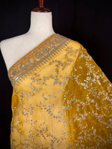 Statement Mustard Yellow Color Organza Silk Dupatta with Muted Gold Zari, Embroidery and Sequin | Wedding Dupatta | Dupatta for Lehangas