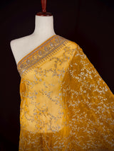Statement Mustard Yellow Color Organza Silk Dupatta with Muted Gold Zari, Embroidery and Sequin | Wedding Dupatta | Dupatta for Lehangas