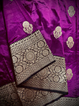 Eggplant Purple Color Pure Banarasi Katan Silk Saree with Black Border and Pallu | Pure Katan Silk Sarees | Silk Mark Certified Saree