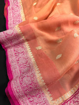Ombre Baby Pink and Peach Color Saree with Hot Pink Border and Pallu Pure Banarasi Chiffon Silk with Sliver Zari | Silk Mark Certified