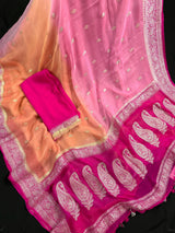 Ombre Baby Pink and Peach Color Saree with Hot Pink Border and Pallu Pure Banarasi Chiffon Silk with Sliver Zari | Silk Mark Certified