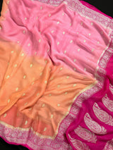 Ombre Baby Pink and Peach Color Saree with Hot Pink Border and Pallu Pure Banarasi Chiffon Silk with Sliver Zari | Silk Mark Certified
