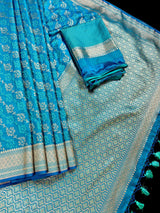 Bright Firozi Color Soft Mashru Silk handloom Saree with Tanchoi and Muted Gold Zari Weave | Banarasi Mashru Silk Saree | Pink Color Saree