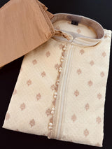 Light Cream Soft Raw Silk Men Kurta Pajama in Self Design material with Antique Zari Weave buti with Cotton Lining | Wedding Kurtas for Men