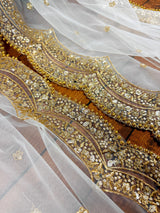 Pearl White Color Net Dupatta with Gold Zari, Sequin and Beads | White Dupatta | Sequin Dupattas | Indian Dupatta for Lehanga