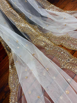 Pearl White Color Net Dupatta with Gold Zari, Sequin and Beads | White Dupatta | Sequin Dupattas | Indian Dupatta for Lehanga