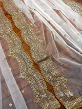 Pearl White Color Net Dupatta with Gold Zari, Sequin and Beads | White Dupatta | Sequin Dupattas | Indian Dupatta for Lehanga