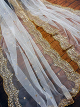 Pearl White Color Net Dupatta with Gold Zari, Sequin and Beads | White Dupatta | Sequin Dupattas | Indian Dupatta for Lehanga