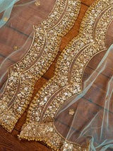 Pastel Sea Blue Color Net Dupatta with Gold Zari, Sequin and Beads | Pastel Wedding Dupattas | Sequin Dupattas | Indian Dupatta for Lehanga