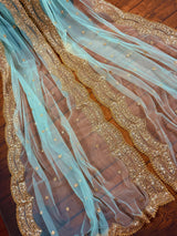 Pastel Sea Blue Color Net Dupatta with Gold Zari, Sequin and Beads | Pastel Wedding Dupattas | Sequin Dupattas | Indian Dupatta for Lehanga