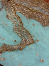Pastel Sea Blue Color Net Dupatta with Gold Zari, Sequin and Beads | Pastel Wedding Dupattas | Sequin Dupattas | Indian Dupatta for Lehanga