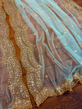 Pastel Sea Blue Color Net Dupatta with Gold Zari, Sequin and Beads | Pastel Wedding Dupattas | Sequin Dupattas | Indian Dupatta for Lehanga