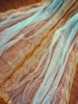 Pastel Sea Blue Color Net Dupatta with Gold Zari, Sequin and Beads | Pastel Wedding Dupattas | Sequin Dupattas | Indian Dupatta for Lehanga