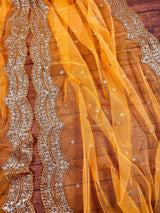 Tumeric Yellow Color Net Dupatta with Gold Zari, Sequin and Beads | Wedding Dupatta | Sequin Dupattas | Indian Dupatta for Lehanga