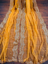 Tumeric Yellow Color Net Dupatta with Gold Zari, Sequin and Beads | Wedding Dupatta | Sequin Dupattas | Indian Dupatta for Lehanga