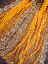 Tumeric Yellow Color Net Dupatta with Gold Zari, Sequin and Beads | Wedding Dupatta | Sequin Dupattas | Indian Dupatta for Lehanga