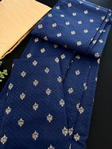 Blue Color Soft Raw Silk Men Kurta Pajama in Self Design material with Antique Zari Weave buti with Cotton Lining | Wedding Kurtas for Men