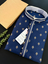 Blue Color Soft Raw Silk Men Kurta Pajama in Self Design material with Antique Zari Weave buti with Cotton Lining | Wedding Kurtas for Men