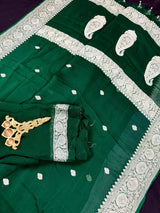 Bottle Green Pure Chiffon Silk Saree with Sliver Zari Work  | Party Wear Pure Chiffon Sarees | Silk Mark Certified