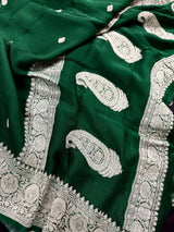 Bottle Green Pure Chiffon Silk Saree with Sliver Zari Work  | Party Wear Pure Chiffon Sarees | Silk Mark Certified