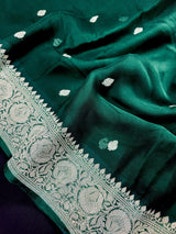 Bottle Green Pure Chiffon Silk Saree with Sliver Zari Work  | Party Wear Pure Chiffon Sarees | Silk Mark Certified