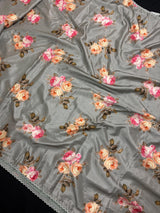 Slate Grey Color Floral Print Saree with Lucknowi Embroidery and Crochet Lace Work | Satin Silk Saree | Floral Saree | Kaash Collection