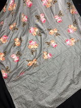 Slate Grey Color Floral Print Saree with Lucknowi Embroidery and Crochet Lace Work | Satin Silk Saree | Floral Saree | Kaash Collection