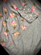 Slate Grey Color Floral Print Saree with Lucknowi Embroidery and Crochet Lace Work | Satin Silk Saree | Floral Saree | Kaash Collection