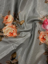 Slate Grey Color Floral Print Saree with Lucknowi Embroidery and Crochet Lace Work | Satin Silk Saree | Floral Saree | Kaash Collection