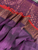Eggplant Purple Color Handloom Bengal Linen Silk Saree with Red Borders and Cooper Zari Weaving | Linen Saree | Handwoven Sarees
