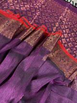 Eggplant Purple Color Handloom Bengal Linen Jamdani Silk Saree with Red Borders and Cooper Zari Weaving | Linen Saree | Handwoven Sarees