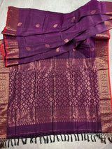 Eggplant Purple Color Handloom Bengal Linen Jamdani Silk Saree with Red Borders and Cooper Zari Weaving | Linen Saree | Handwoven Sarees