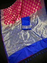 Pink with Purple & Blue Banarasi saree in banarasi silk with muted gold buttis with traditional borders — Kaash Collection