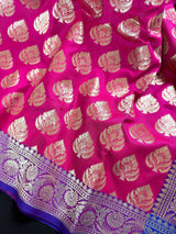 Pink with Purple & Blue Banarasi saree in banarasi silk with muted gold buttis with traditional borders — Kaash Collection