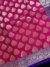 Pink with Purple & Blue Banarasi saree in banarasi silk with muted gold buttis with traditional borders — Kaash Collection